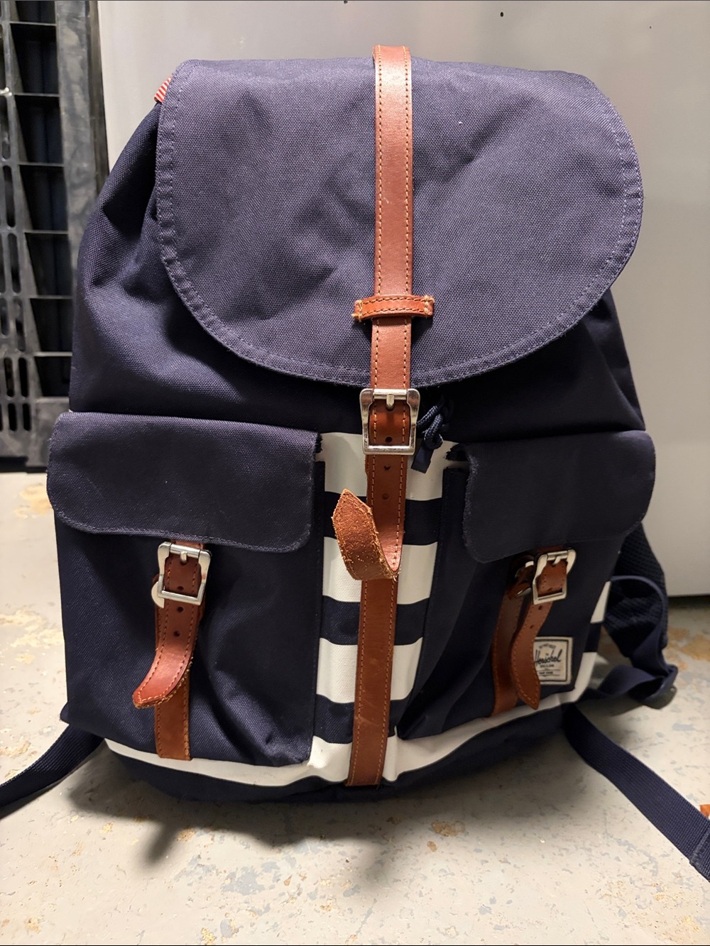 Herschel Striped Navy Canvas Backpack with Brown Leather Straps -Everyday Pack